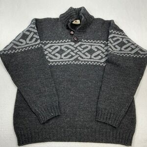 Carraig Donn Mens Wool Sweater Made in Ireland Celtic Knot Gray Mock Neck Large